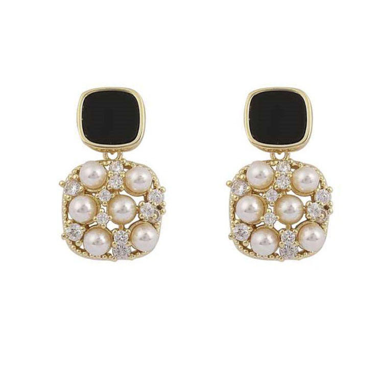 14k Gold Plated Retro Square Zircon Pearl Hollow Drop Earrings