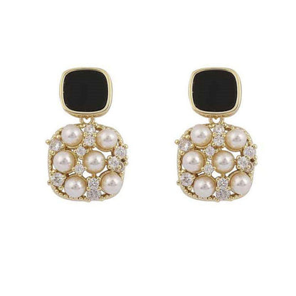 14k Gold Plated Retro Square Zircon Pearl Hollow Drop Earrings