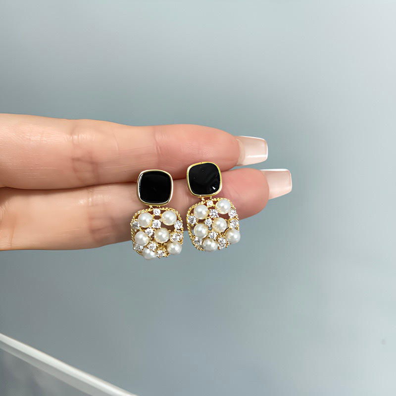 14k Gold Plated Retro Square Zircon Pearl Hollow Drop Earrings