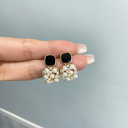 14k Gold Plated Retro Square Zircon Pearl Hollow Drop Earrings