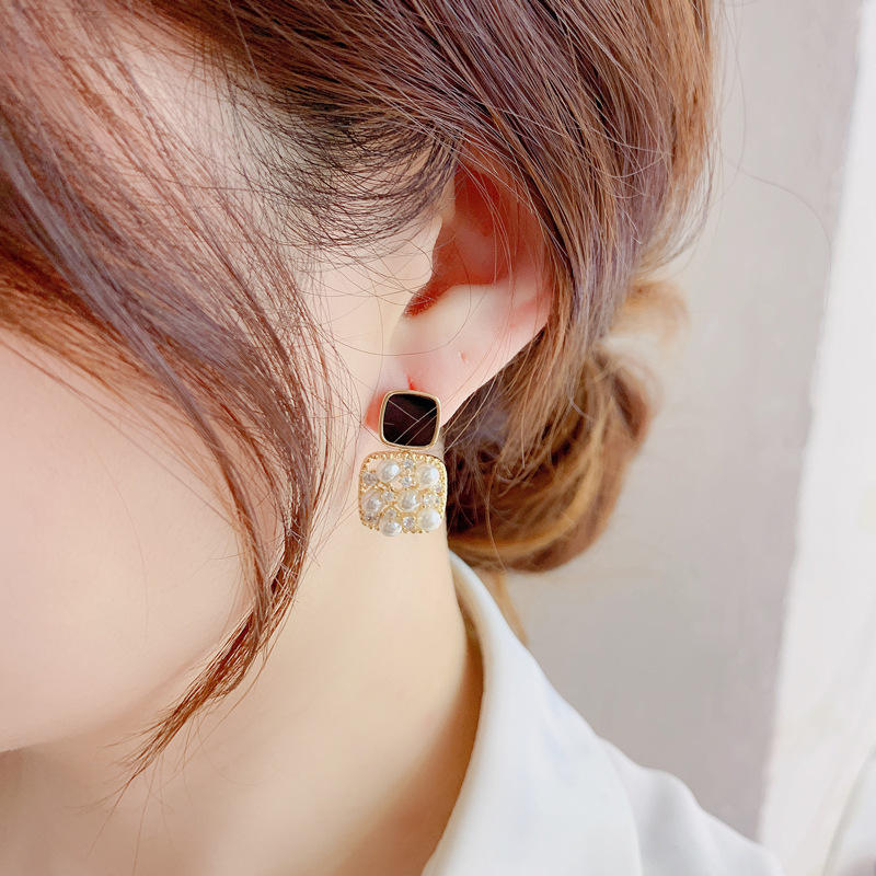 14k Gold Plated Retro Square Zircon Pearl Hollow Drop Earrings