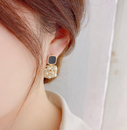 14k Gold Plated Retro Square Zircon Pearl Hollow Drop Earrings