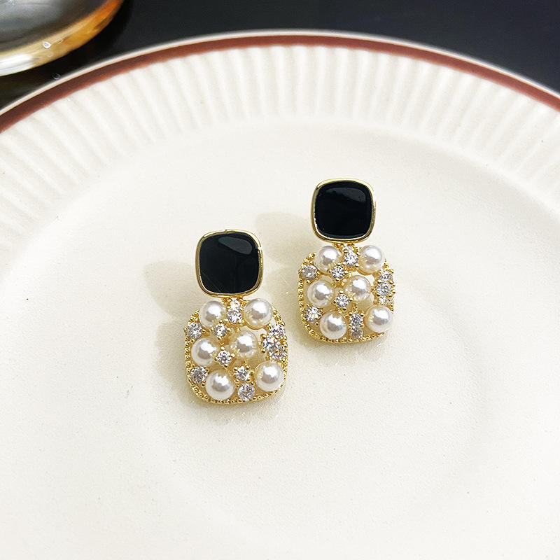 14k Gold Plated Retro Square Zircon Pearl Hollow Drop Earrings