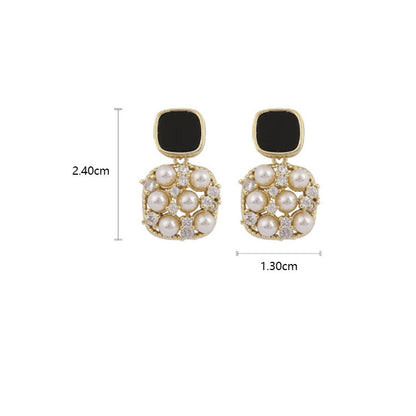 14k Gold Plated Retro Square Zircon Pearl Hollow Drop Earrings