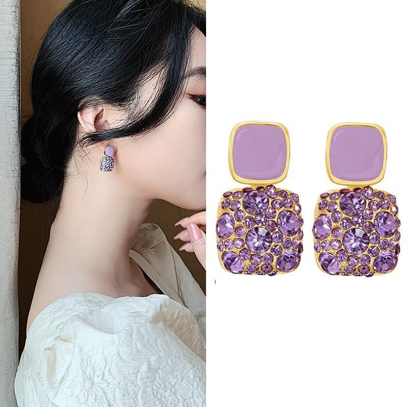 Elegant Purple Crystal Square Earrings for Women Light Luxury High-End