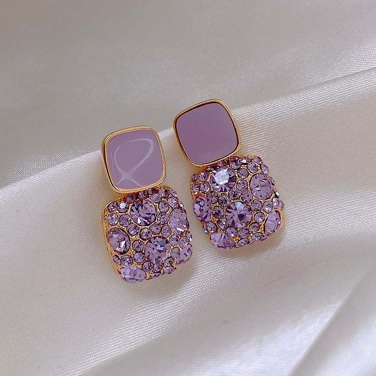 Elegant Purple Crystal Square Earrings for Women Light Luxury High-End