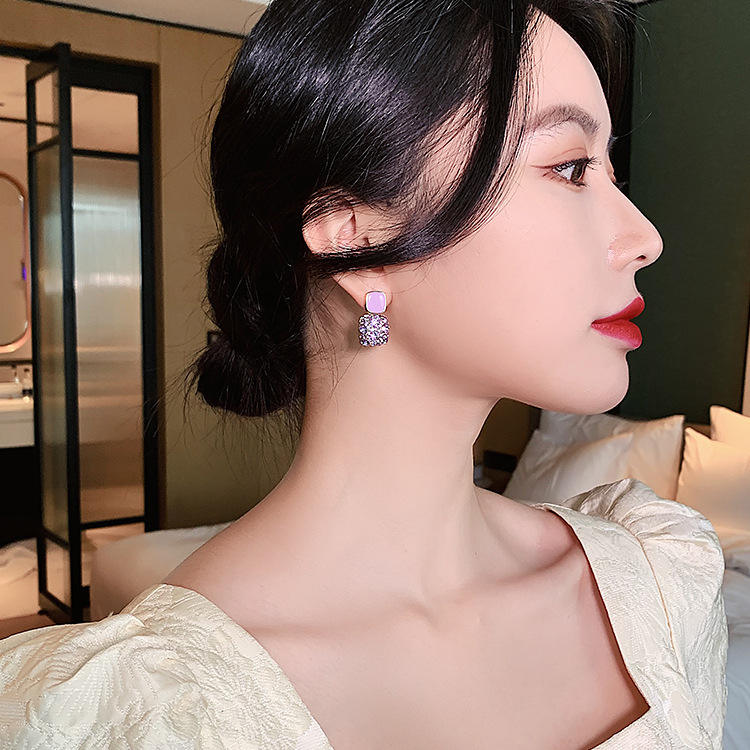 Elegant Purple Crystal Square Earrings for Women Light Luxury High-End
