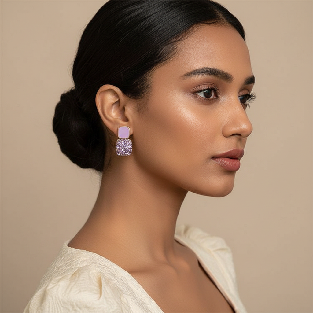 Elegant Purple Crystal Square Earrings for Women Light Luxury High-End